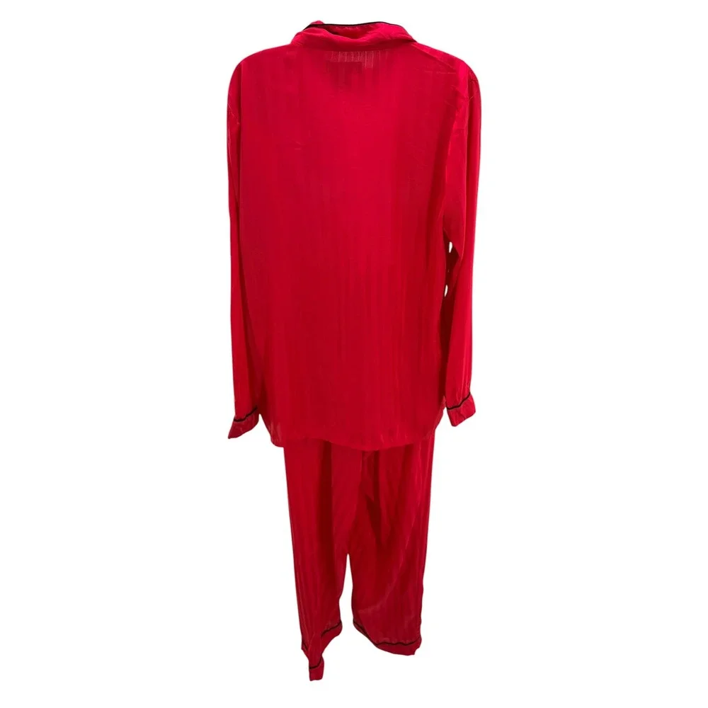 House of Harlow 1960 Red Satin Shadow Stripe Pajama Set Large Button Down Pants